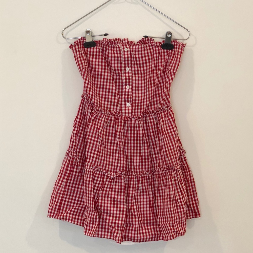 Red and white check mini dress, strapless